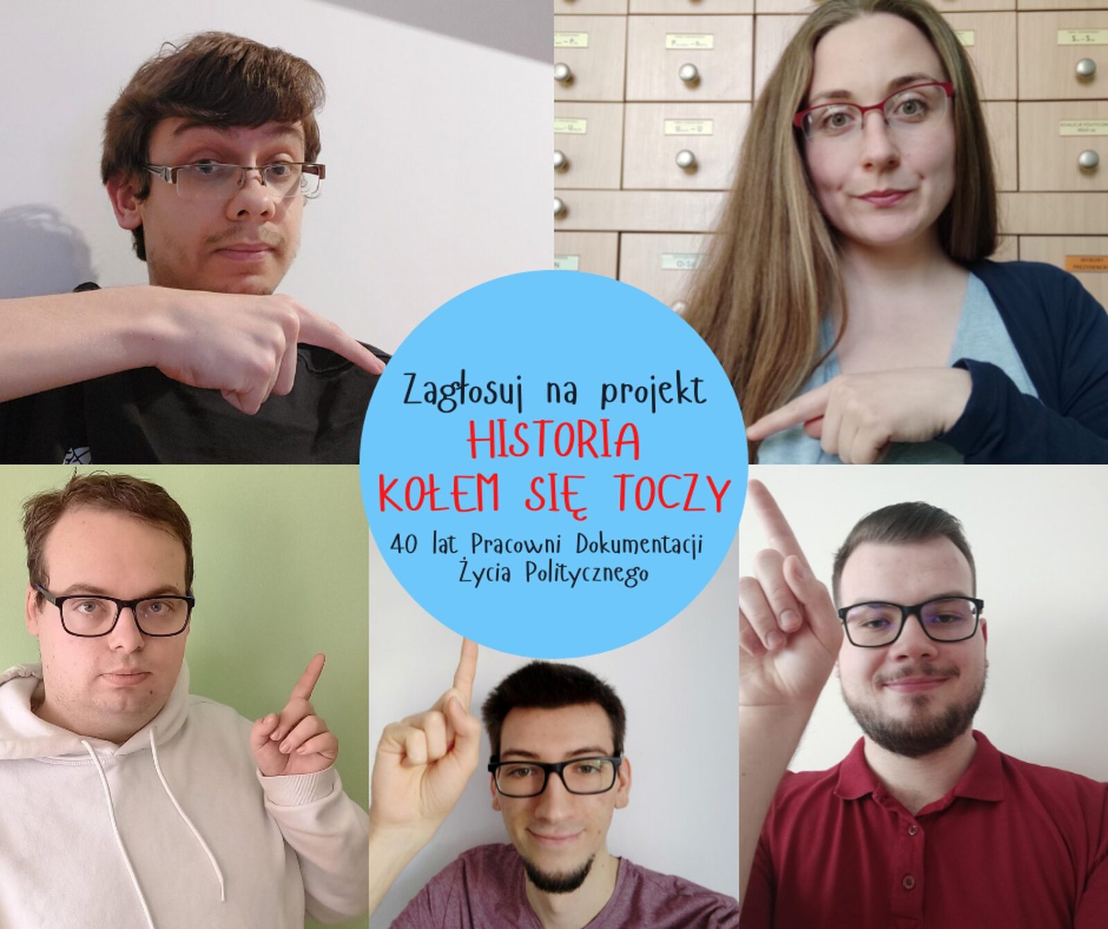 Plakat projektu historia kołem się toczy. Zdjęcia 5 osób wskazujących na środek zdjęcia
