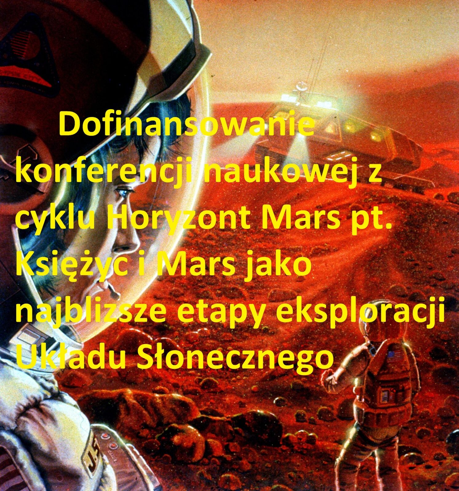 Plakat konferencji naukowej z cyklu horyzont mars. W tle mars i statek kosmiczny