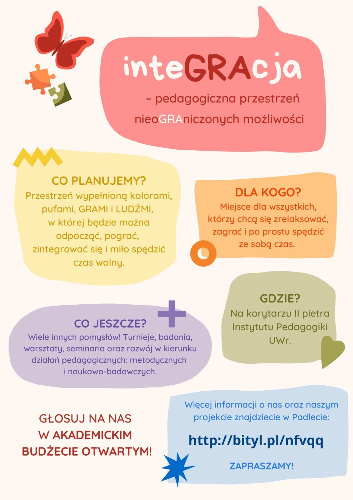 Plakat projektu integracja - pedagogiczna przestrzeń nieograniczonych możliwości