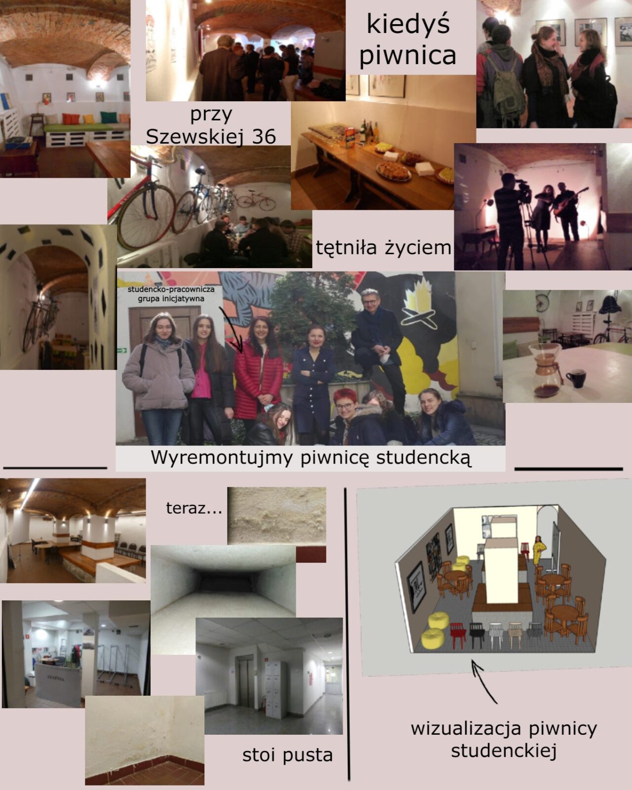 Plakat projektu rewitalizacja piwnicy studenckiej w Instytucie Historii Sztuki. Na plakacie dużo małych zdjęć z piwnicy
