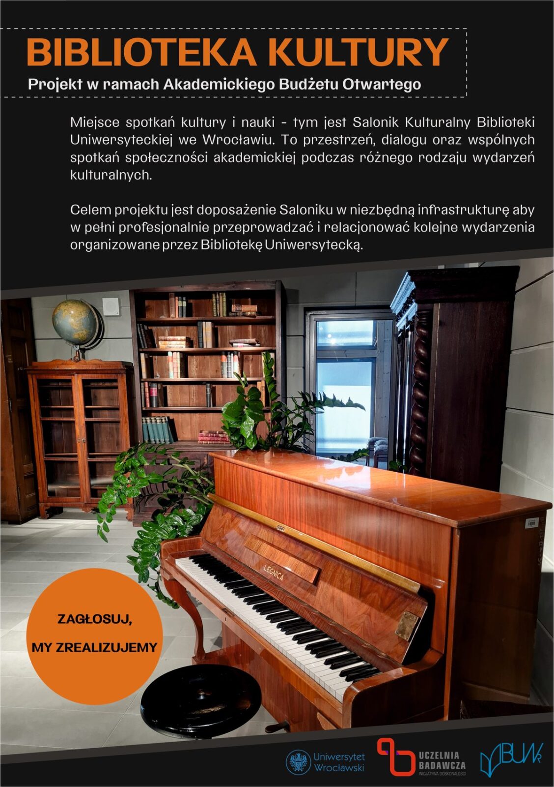 plakat biblioteki kultury, projektu w ramach Akademickiego Budżetu Otwartego. Na pierwszym planie widać fortepian.