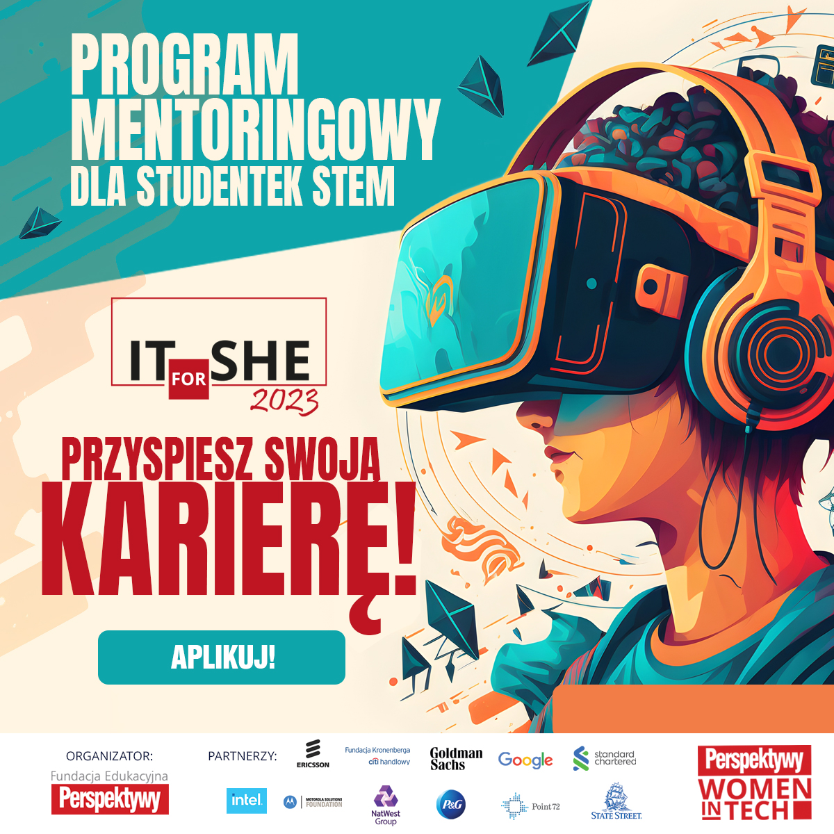 Grafika z osobą w okularach i napis "Program mentoringowy dla studentek STEM IT for SHE Przyśpiesz swoja karierę