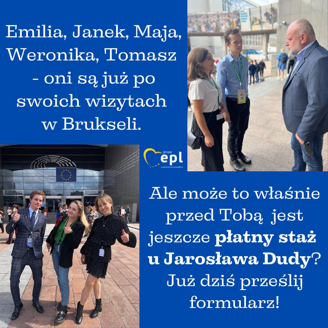 grupa młodych ludzi i meżczyzna w średnim wieku przed budynkiem Parlamentu Europejskiego