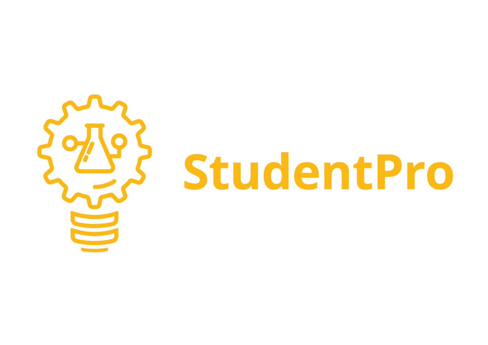 logotyp przedstawiający gint zarówki i koło zębate powyżej niego, w kole rysunek naczynia laboratoryjnego; napis obok: StudentPro