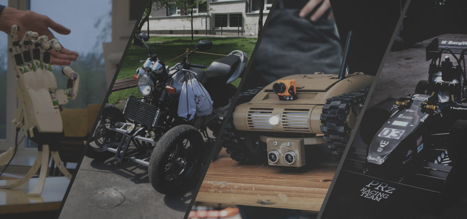 mechaniczna dłoń, motocykl, pojazd gąsienicowy, bolid formuły 1