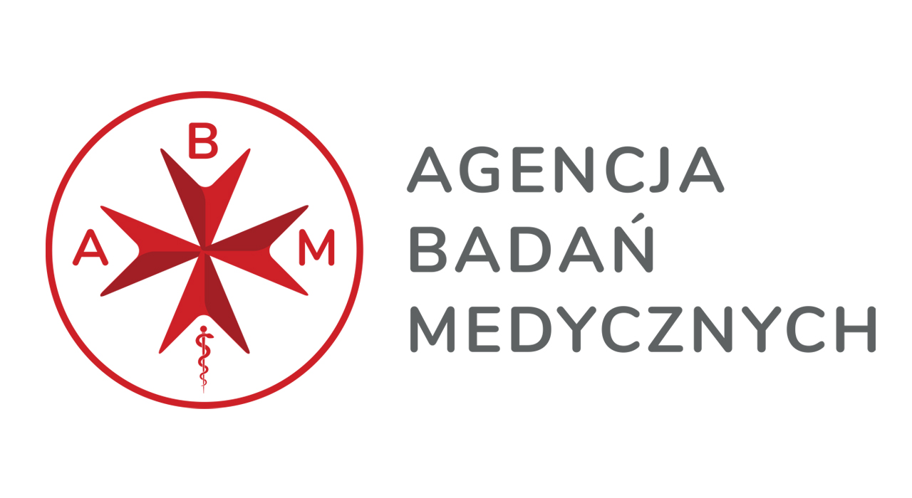 Logotyp Agencji Badań Medycznych, czerwony okrąg z czerwonym krzyżem w środku