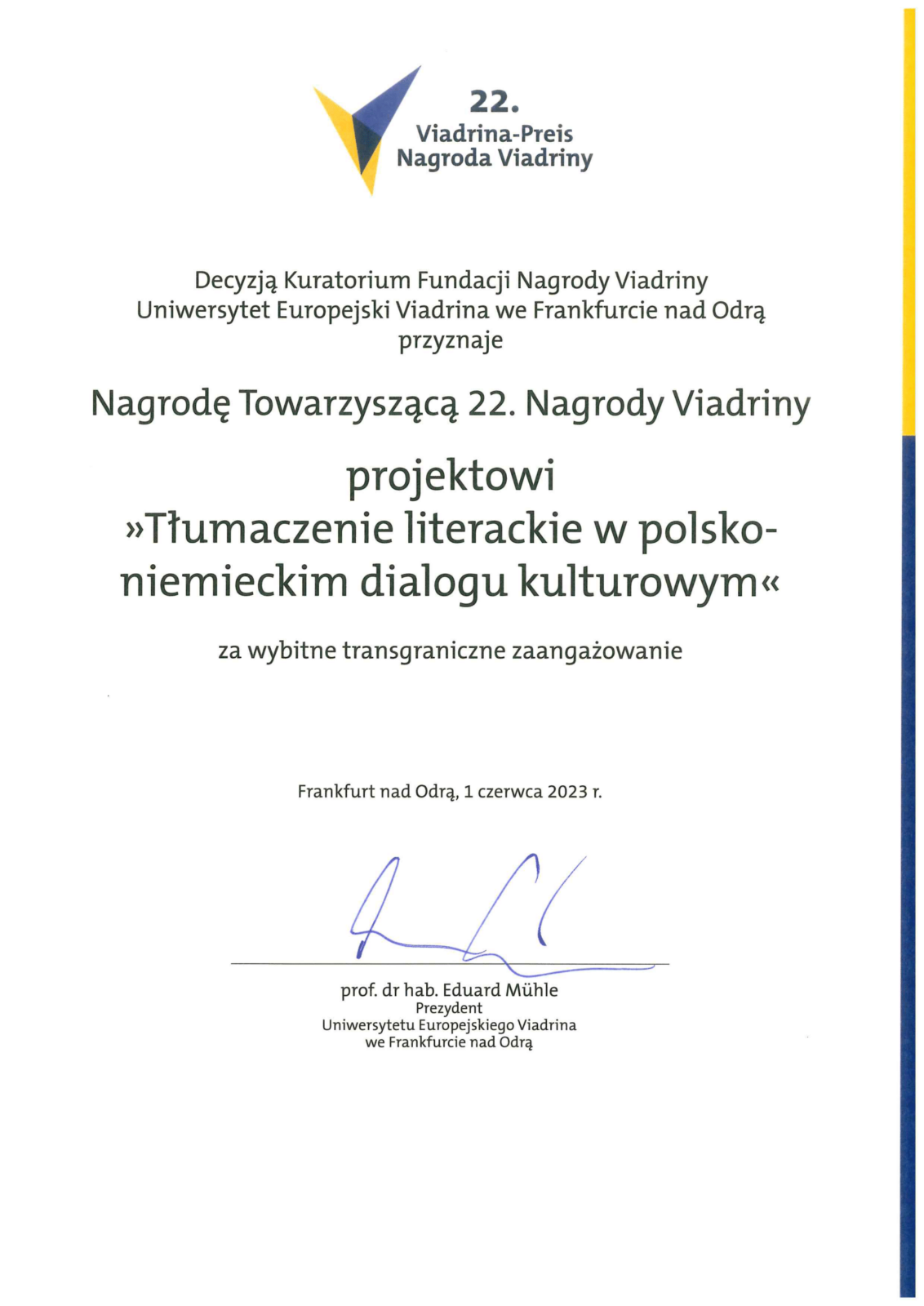 dyplom z informacją o nagrodzie