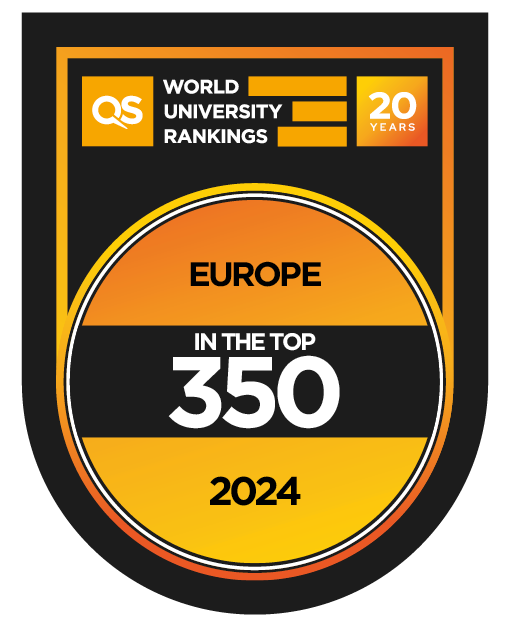Czarno żółta grafika z napisem: QS World University Rankings Europe in the top 350