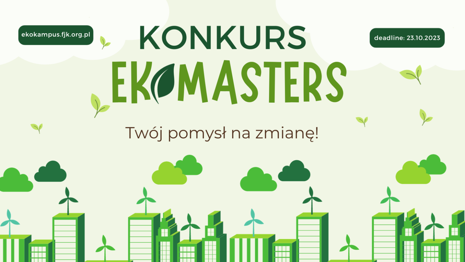 Plakat z napisem konkurs ekoMasters, cały w różnych odcieniach zieleni, przedstawia bloki, drzewa i wiatraki