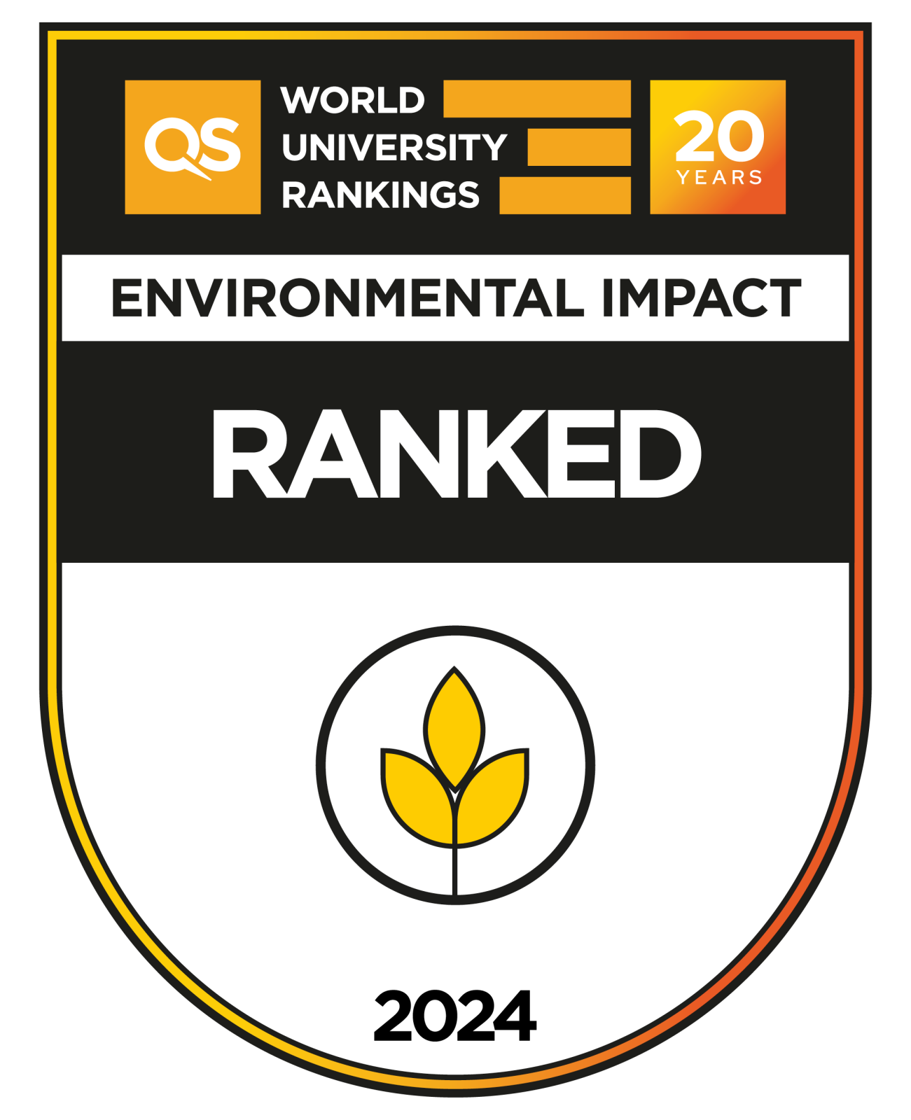 czarno-żółta grafika z napisem QS World University Ranking 20 years Environmental Impact Ranked 2024