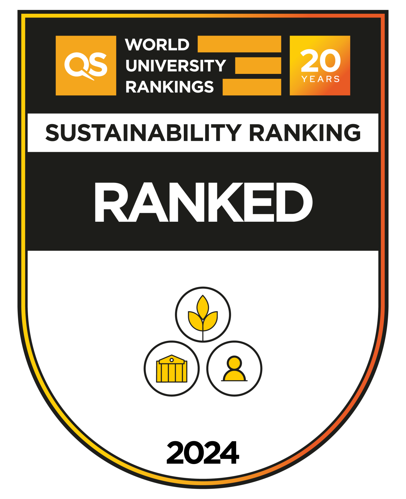 czarno-żółta grafika z napisem QS World University Ranking 20 years Sustainability Ranking Ranked 2024