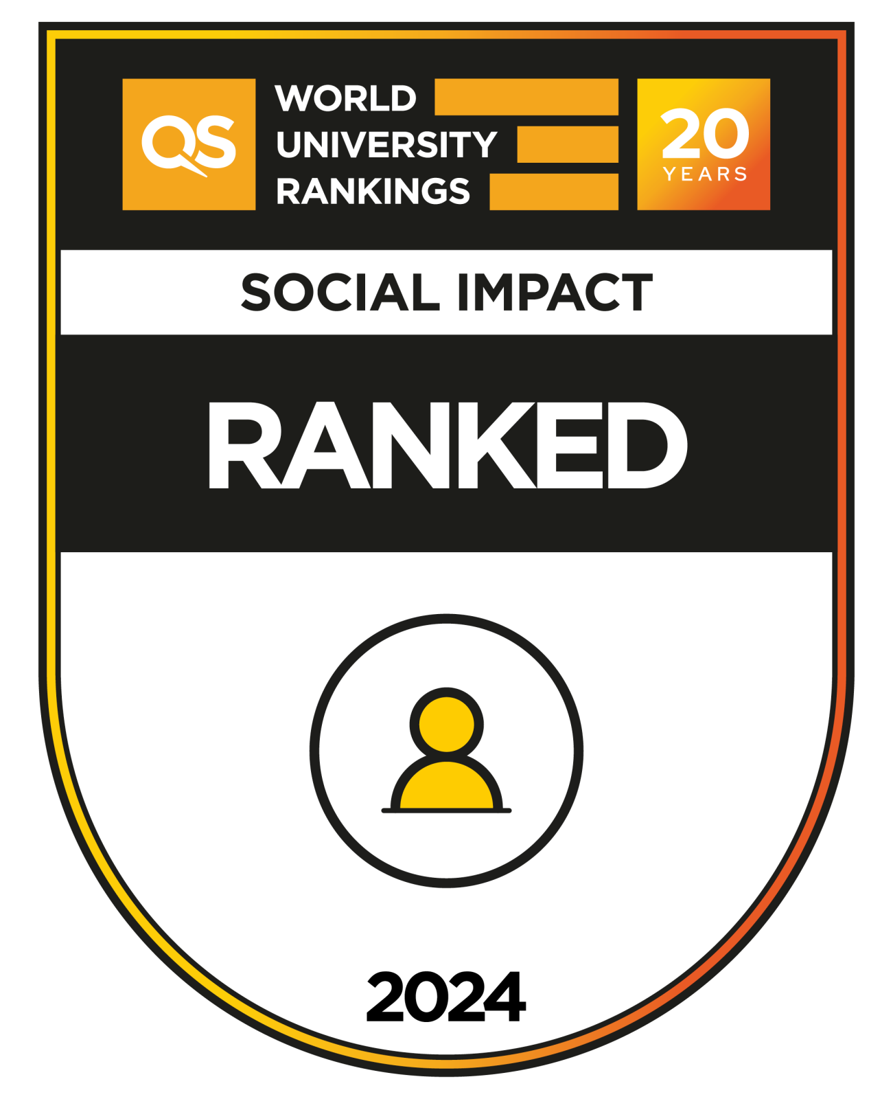 czarno-żółta grafika z napisem QS World University Ranking 20 years Sustainability Ranking 2024 Social Impact Ranked 2024