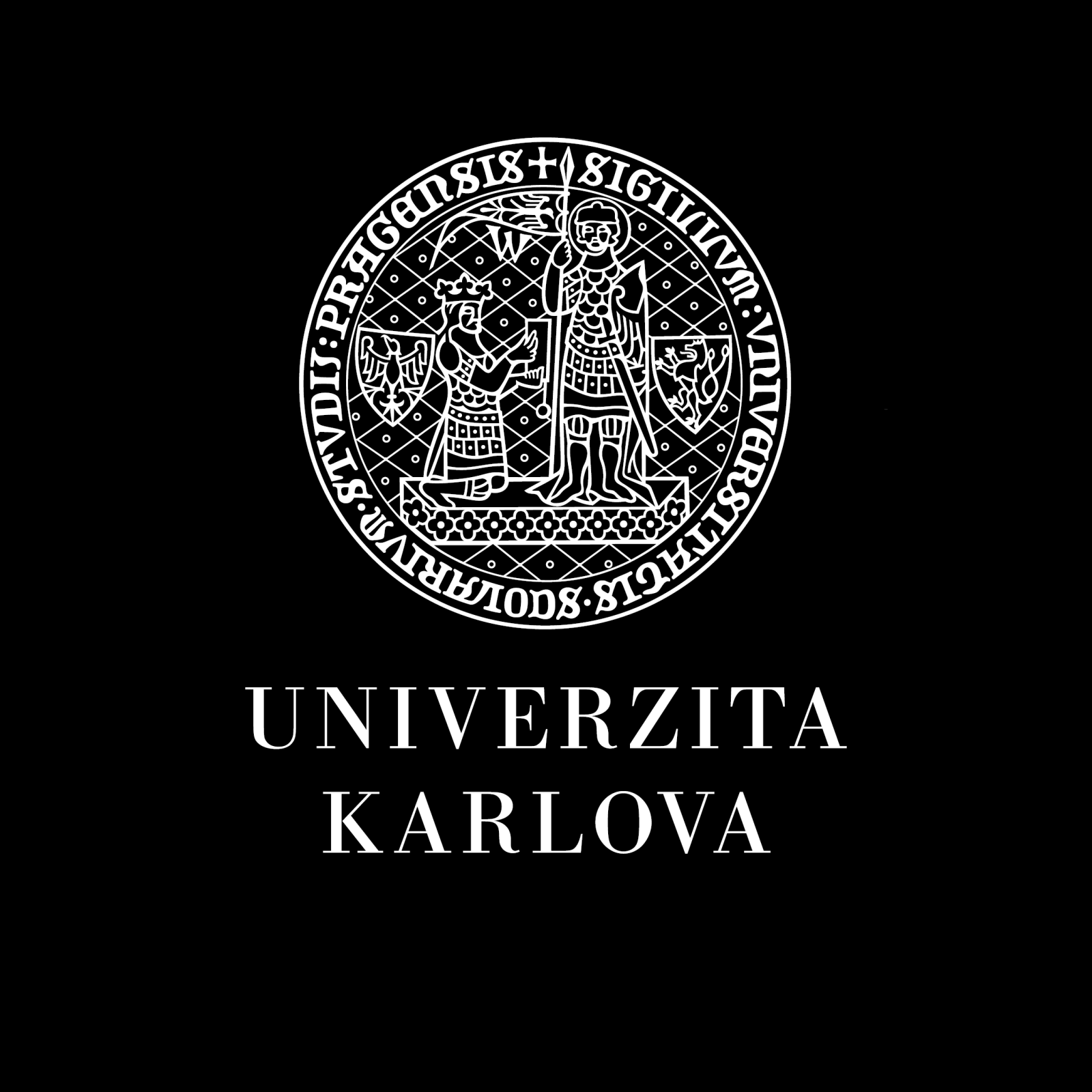 białe okrągłe godło, pod nim biały napis UNIVERZITA KARLOVA, wszystko na czarnym tle