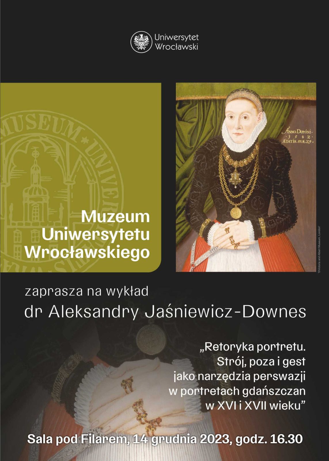grafika z postacią kobiecą w historycznym stroju z dużym, okrągłym białym kołnierzem, czarnej koszuli i czerwonej spódnicy