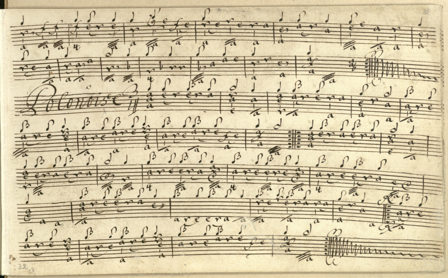 Silvius Lepold Weiss (1687-1750) - Pathia Ex D duro, cz. 5 "Polonoise", WeissSW 92.5. Rękopis z kolekcji tabulatur lutniowych dawnego opactwa cystersów w Krzeszowie (ok. 1728-1747), Biblioteka Uniwersytecka w Warszawie (zbiory wrocławskie), sygn. RM 4137, f. 32r
