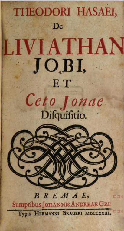 Strona tytułowa książki: Theodor Hase, De liviathan Jobi et ceto Jonae disquisitio, Bremae: J.A. Grimmii, 1723