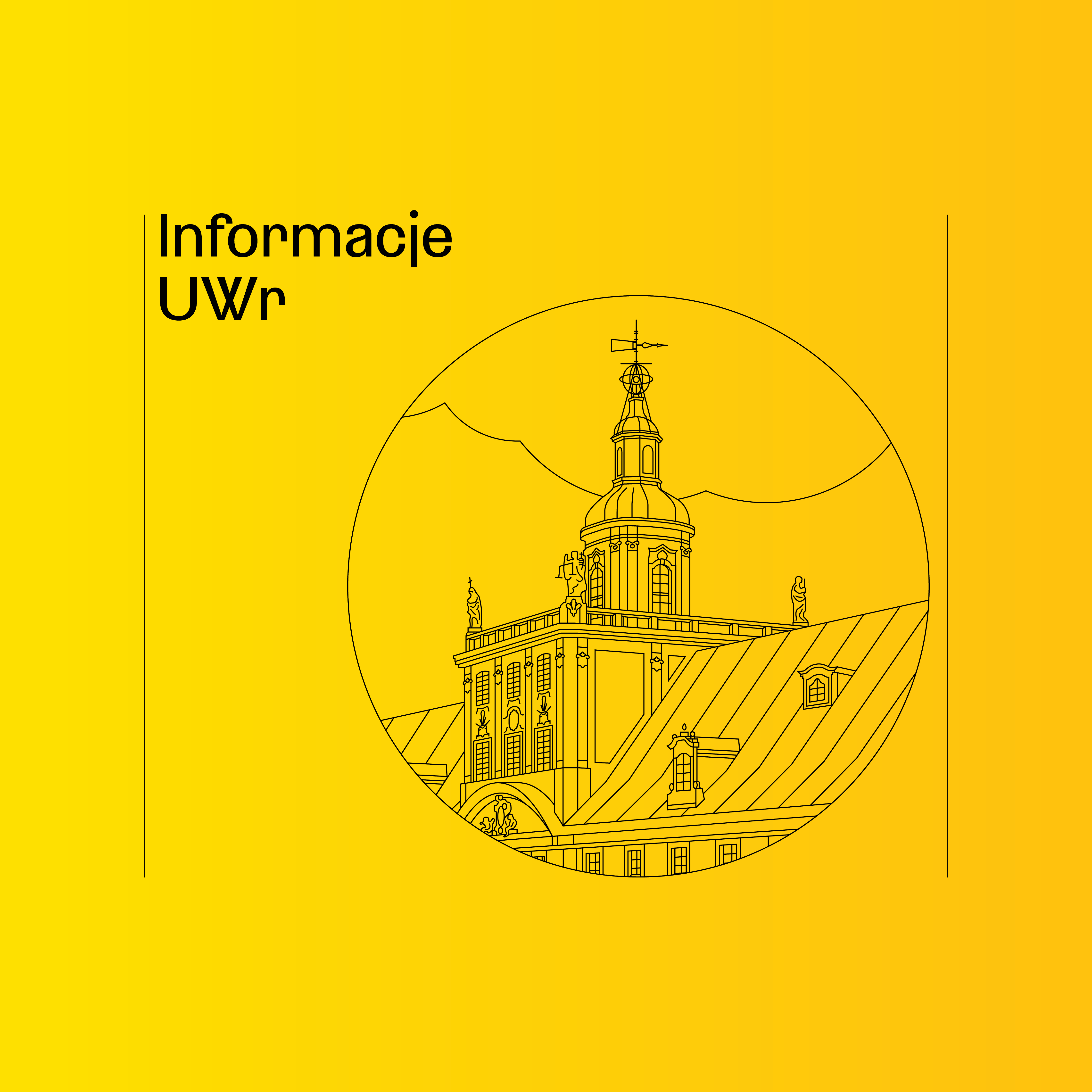 Czarna grafika na żółtym tle. W lewym górnym rogu napis "Informacje UWr". Poniżej koło, w którym umieszczono rysunek wieży na dachu budynku.