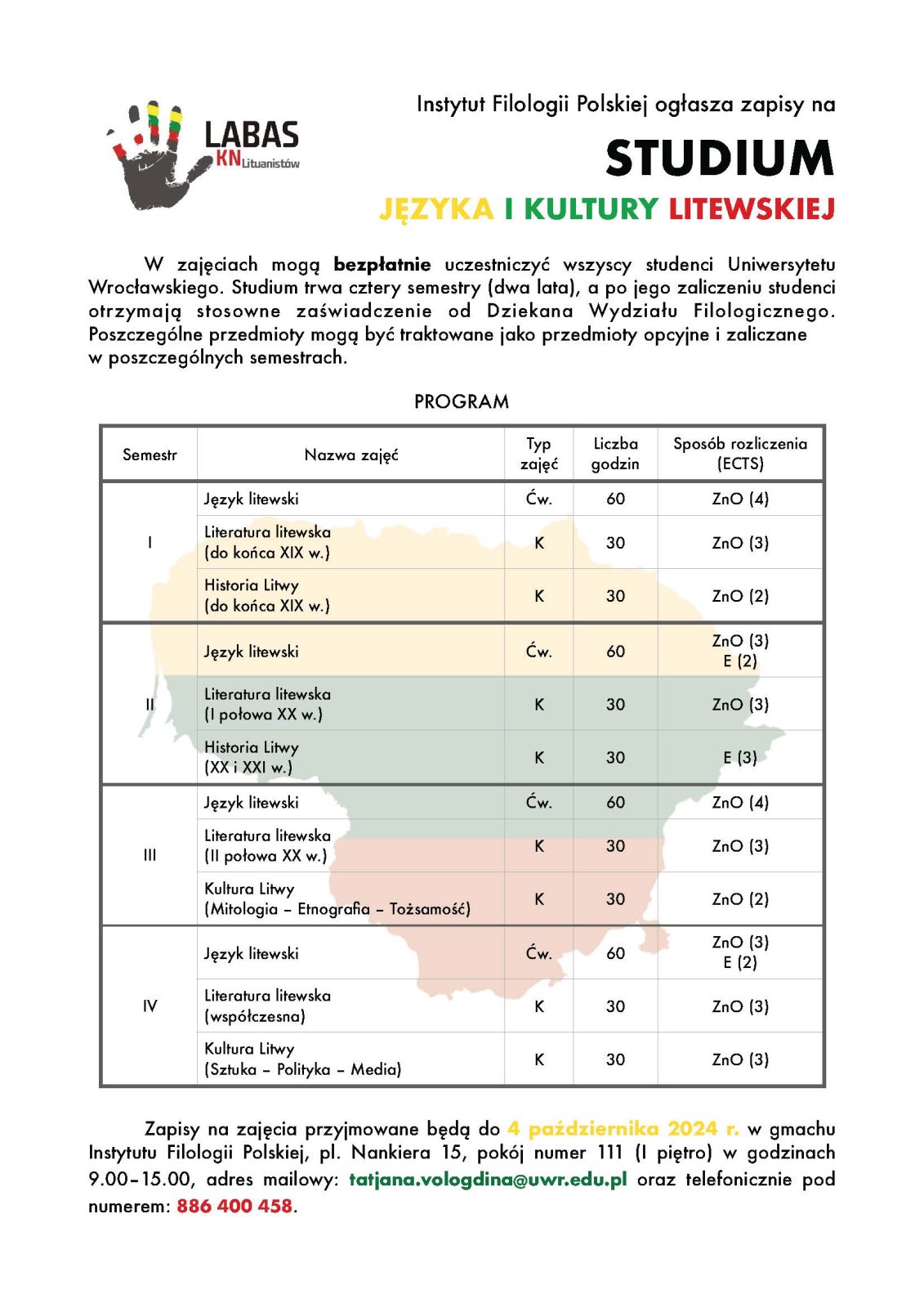 grafika z tabelą zajęć kursu