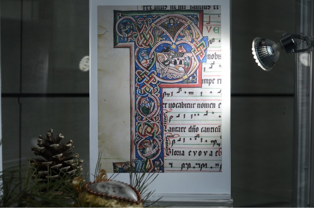 zdjęcie planszy z historycznym tekstem oraz szyszką, zieloną gałazką i wisiorem w kształcie serca ze zdjęciem młodej kobiety