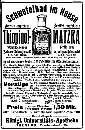 Źródło: „Schlesische Ärzte-Korrespondenz” 22 Oktober 1905, Jg. 9, nr 2, s. 21.