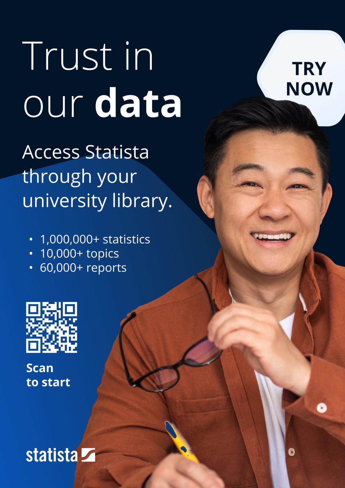 mężczyzna w średnim wieku o ciemnych wosach, trzyma okulary w ręce, za nim napis: Trust our data, try now, acces Stattista through your university library