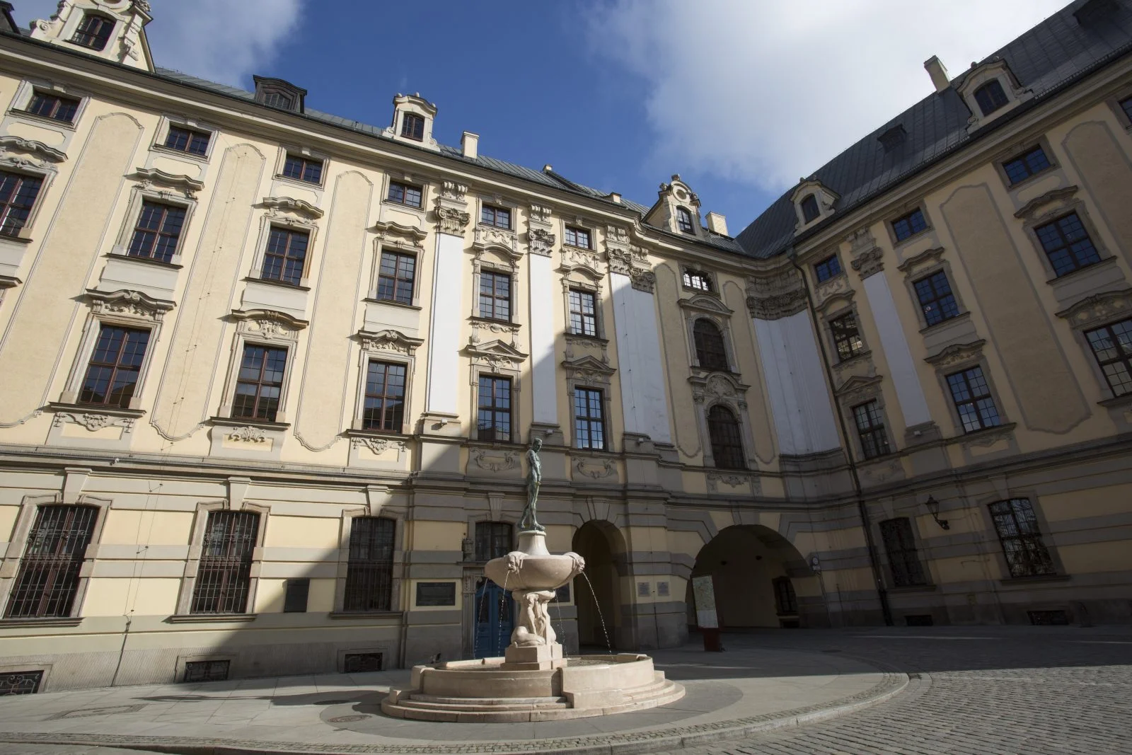 zdjęcie przedstawiające gmach główny uczelni i fontannę szermierza