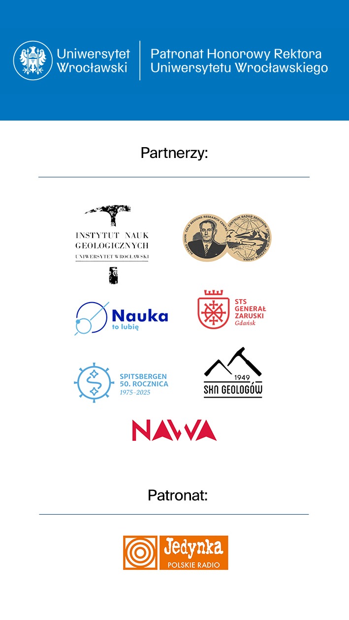 Zdjęcie przedstawia kilka logotypów partnerów wydarzenia: Instytut Nauk Geologicznych, Centrum Badań Regionów Zimnych, Nauka. To lubię, STS Generał Zaruski, Spitsbergen, SKN Geologów, NAWA oraz Program Pierwszy Polskiego Radia.