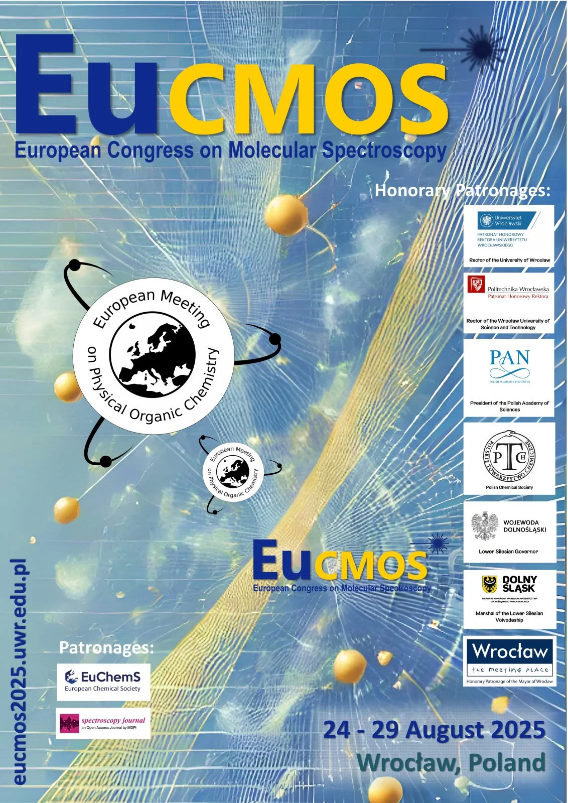 Napis EUCMOS European Congress on Molecular Spectroscopy na niebieskim tle z żółtymi liniami