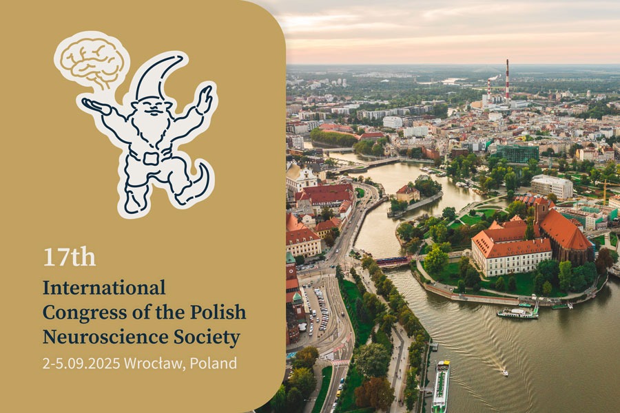 Po lewej stronie na brązowym tle rysunek krasnala i ludzkiego mózgu, pod spodem napis: 17th International Congress of the Polish Neuroscience Society, Wrocław, Poland, 2-5.09.2025.
Po prawej stronie zdjęcie panoramy miasta.
