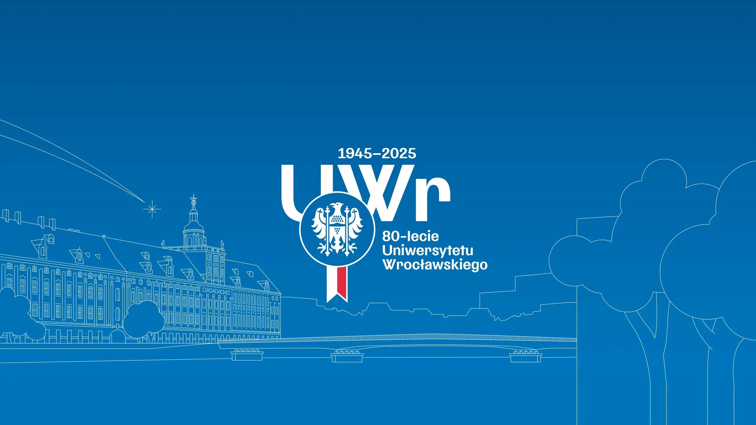 Strona główna Uniwersytet Wrocławski. Grafika przedstawiająca gmach główny i most.