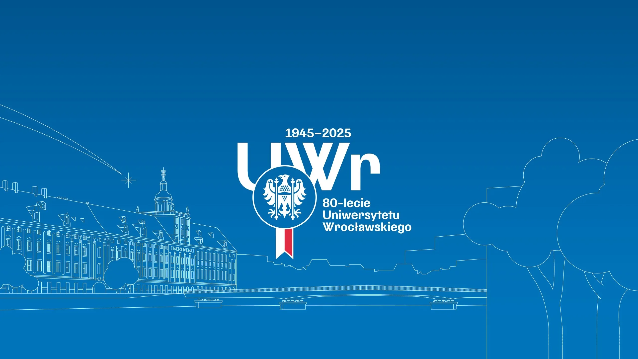 Strona główna Uniwersytet Wrocławski. Grafika przedstawiająca gmach główny i most.