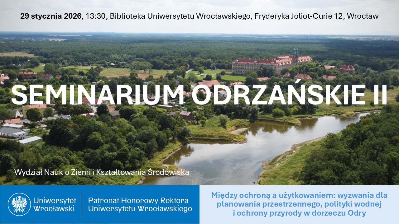 Plakat promuje wydarzenie Seminarium Odrzańskie II organizowane przez Wydział Nauk o Ziemi i Kształtowania Środowiska Uniwersytetu Wrocławskiego. Tło stanowi panoramiczne zdjęcie doliny Odry z widoczną rzeką, zielonymi łąkami, lasami oraz zabudowaniami, w tym dużym historycznym kompleksem pałacowym na horyzoncie. Na górze znajduje się informacja o terminie i miejscu spotkania, a centralnie widnieje duży biały napis Seminarium Odrzańskie II. Na dole umieszczono logotyp Uniwersytetu Wrocławskiego oraz tekst o patronacie honorowym rektora Uniwersytetu Wrocławskiego, obok znajduje się dodatkowa informacja o tematyce wydarzenia dotyczącej wyzwań dla planowania przestrzennego, polityki wodnej i ochrony przyrody w dorzeczu Odry.