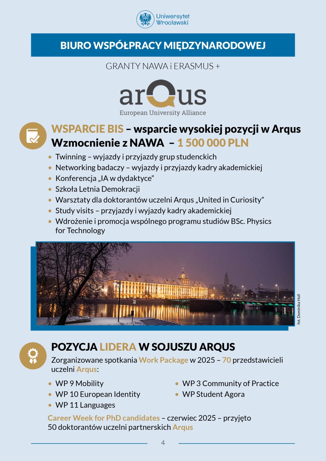 Infografika o działaniach programu Arqus na Uniwersytecie Wrocławskim, z informacją o wsparciu NAWA w wysokości 1,5 mln zł. Wymieniono m.in. twinning, networking, konferencje, szkołę letnią, warsztaty oraz wspólny program studiów. Na dole znajduje się zdjęcie nocnego widoku Wrocławia z oświetlonymi budynkami nad rzeką.