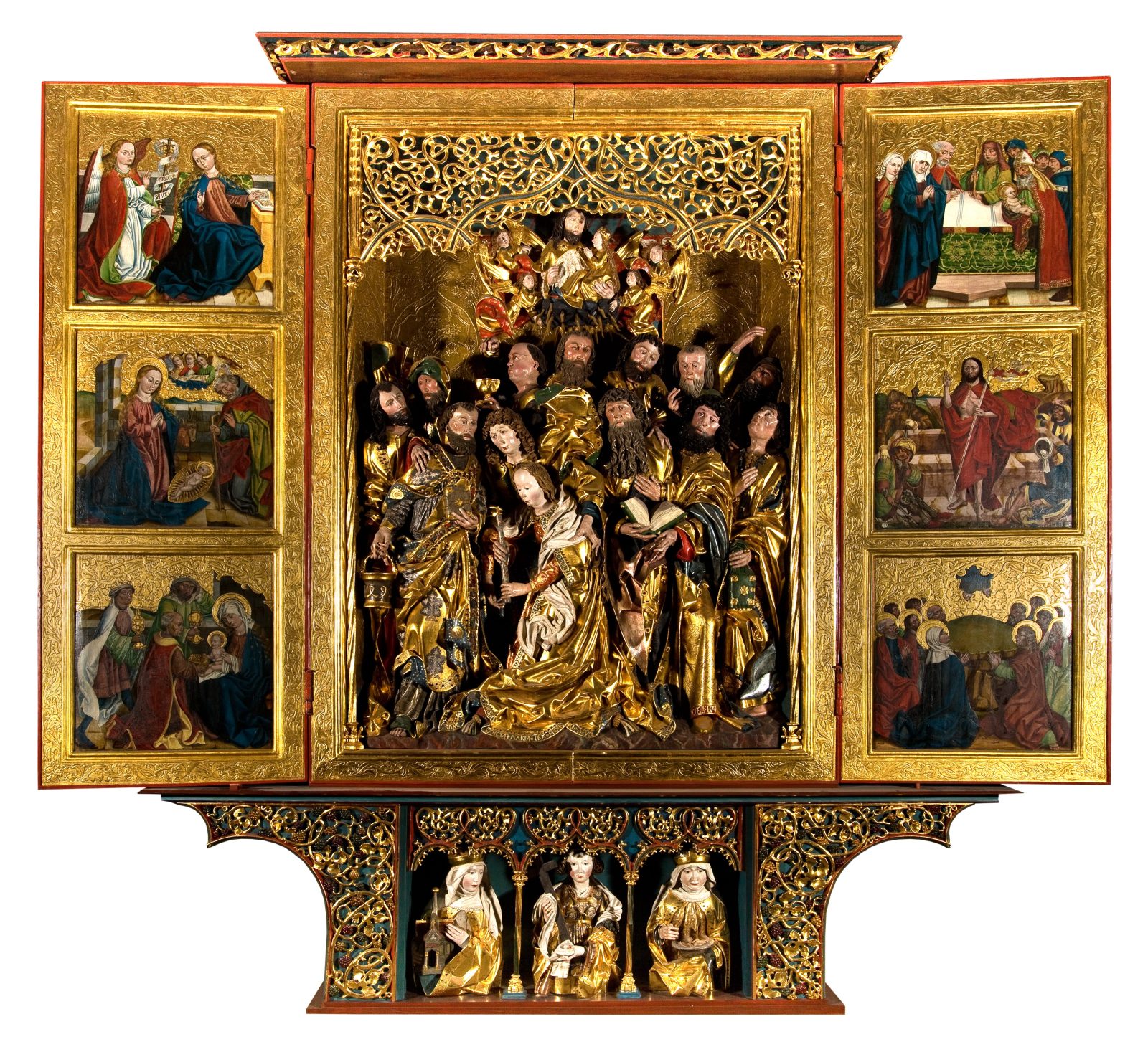 duży skrzydlowy ołtarz kościelny z wizerunkami świętych i złoceniami