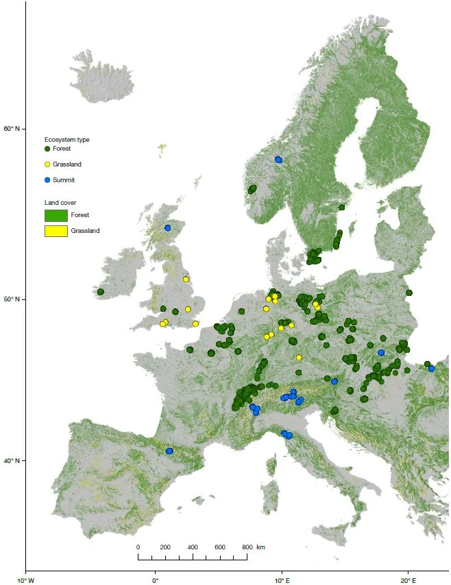 mapa europy z zaznaczonymi obszarami badań ekosystemu traw i lasów