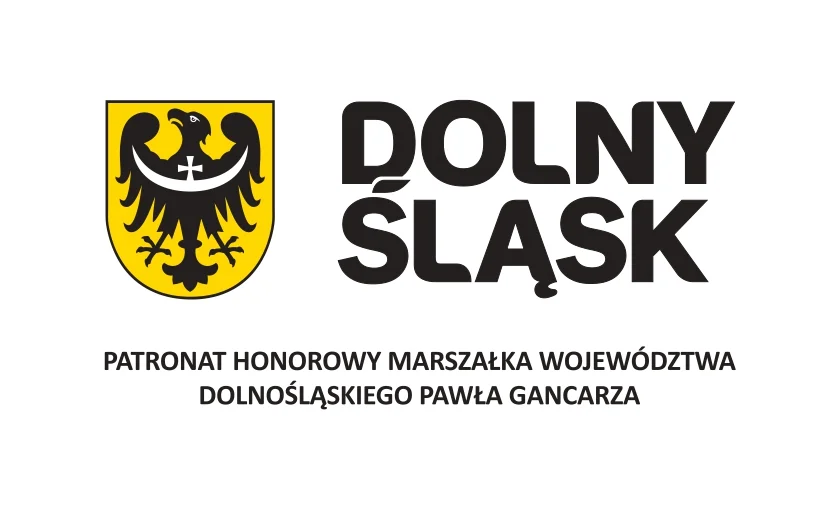 Herb dolnego śląska czarny orzeł na żółtym tle i napis dolny śląsk patronat honorowy marszałka województwa dolnośląskiego pawła gancarza